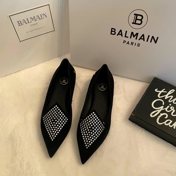 BALMAIN Crystal-embellished suede point-toe flats - Picture 4 of 8